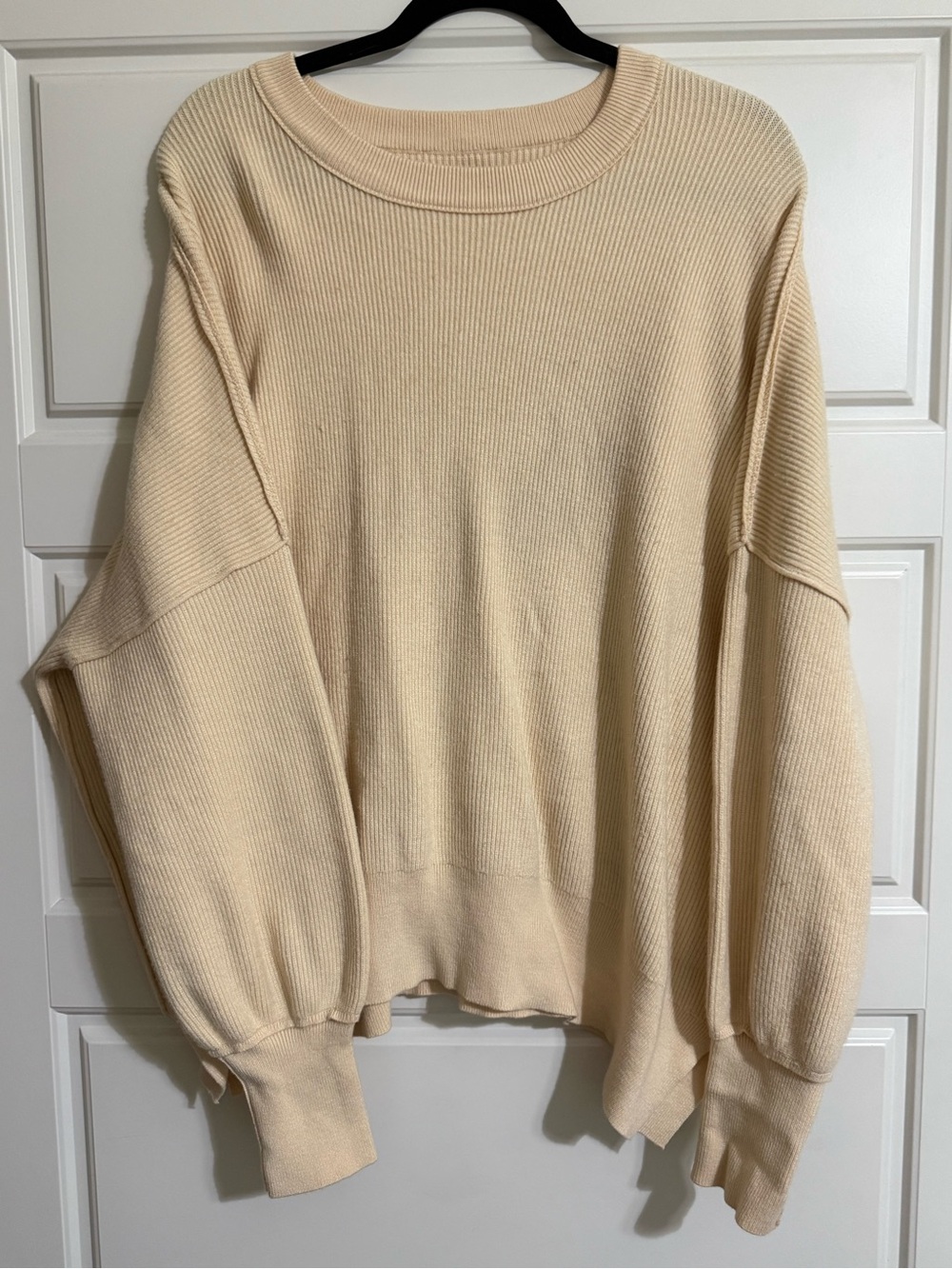 Cream Oversized Ribbed Knit Sweater XL Balloon Sleeve Soft Pullover